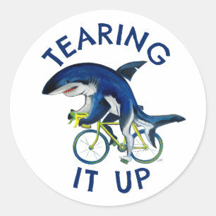 Scheuren van de blauwe haai op de fiets Motivatie Ronde Sticker