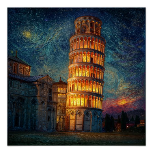 Scheve Toren van Pisa 's nachts Perfect Poster (Voorkant)