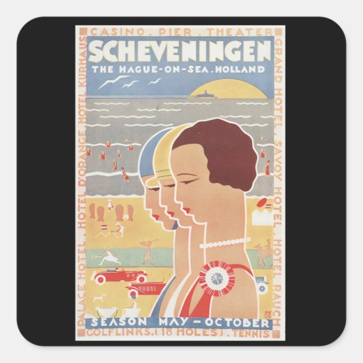 Scheveningen sun ziet vintage poster vierkante sticker (Voorkant)