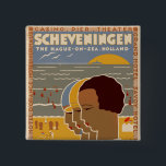 Scheveningen Vierkante Button 5,1 Cm<br><div class="desc">De  Art Deco-reisposter voor het Nederlandse strand in het noordelijk Zee Scheveningen,  "The Hague-on-Zee",  Nederland.</div>