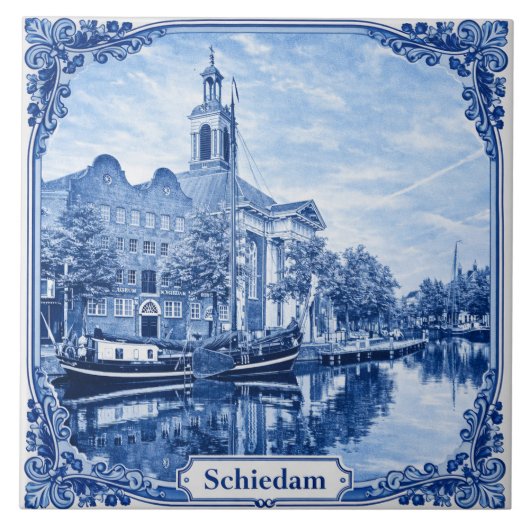 Schiedam Delft Blue style ceramic tile Tegeltje (Voorkant)