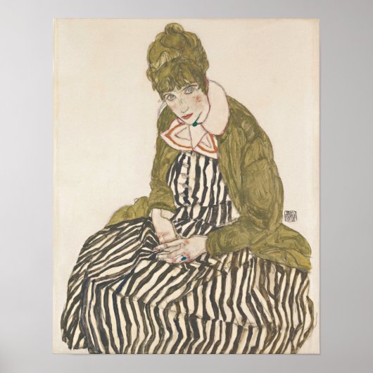 Schiele - Edith met gestreepte jurk zittend Poster (Voorkant)