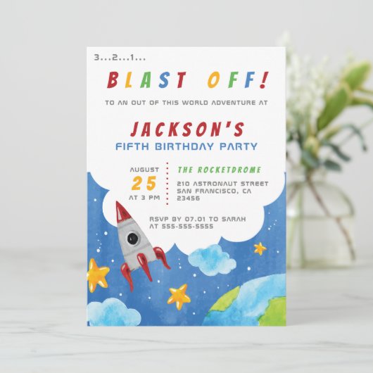 Schiet op! Jongens Outer Space Theme Verjaardagsfe Kaart (Staand voorkant)