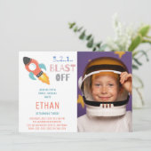 Schiet op! Outer Space Raket Schip Verjaardag Foto Kaart (Staand voorkant)