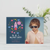 Schiet op! Outer Space Rocket Boy Verjaardag Foto Kaart (Staand voorkant)