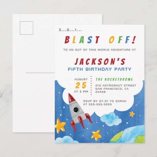 Schiet op! | Outer Space Rocket verjaardagsfeestje Uitnodiging Briefkaart (Voorkant / Achterkant)