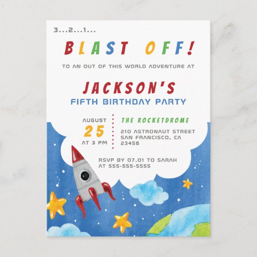 Schiet op! | Outer Space Rocket verjaardagsfeestje Uitnodiging Briefkaart (Voorkant)