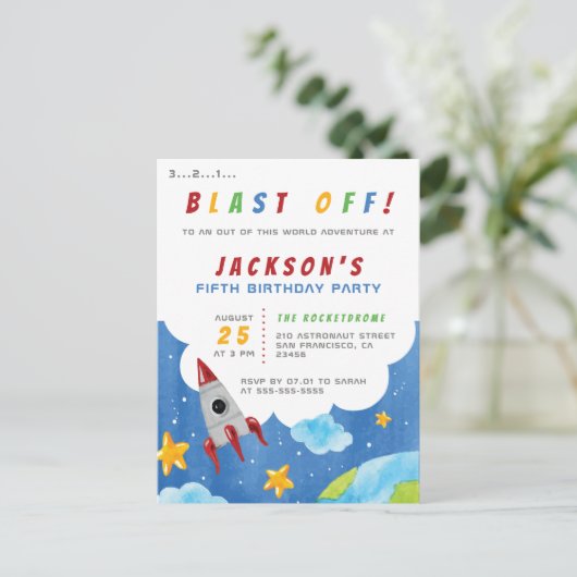 Schiet op! | Outer Space Rocket verjaardagsfeestje Uitnodiging Briefkaart (Staand voorkant)
