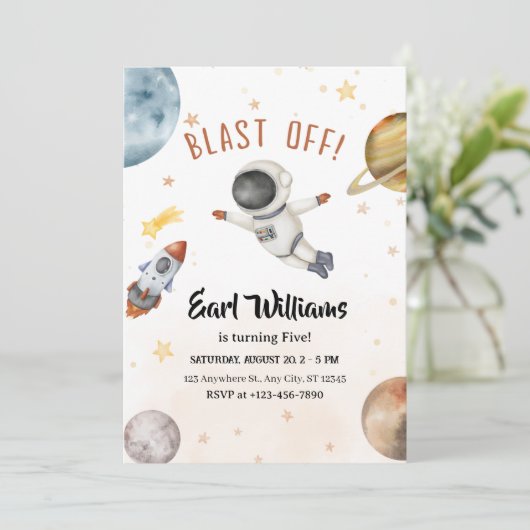 "Schiet op!" Ruimtevaarder 5e verjaardag Kaart (Staand voorkant)