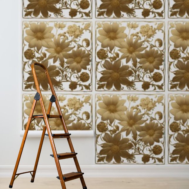 Schil en plak gouden bloemen op witte achtergrond behang (Peel and stick gold flowers on white background wallpaper)