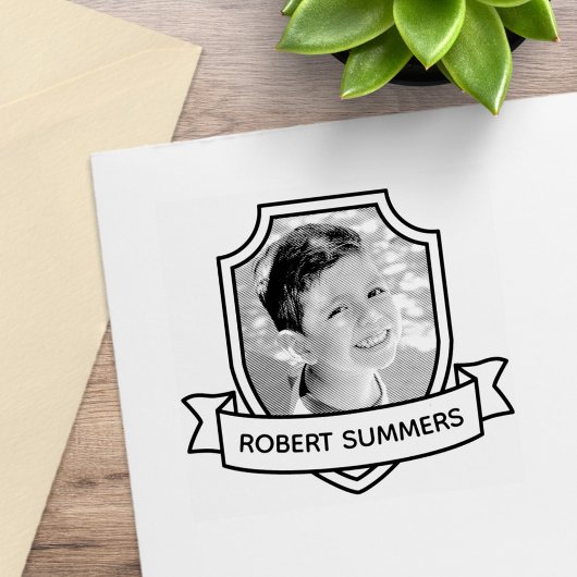 Schild en lint aangepaste naam en foto rubberstempel