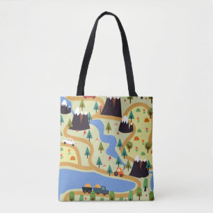 Schildbaar naadloos patroon met bergen, rivier, f tote bag