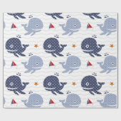 Schildblauwe walvissen en vaartuigen-nautisch patr cadeaupapier (Vlak)