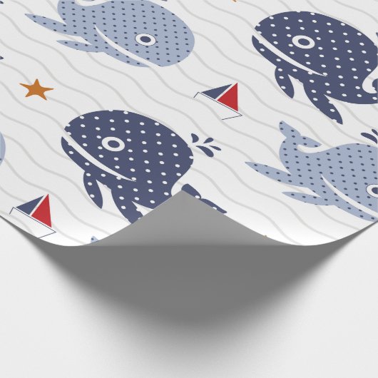 Schildblauwe walvissen en vaartuigen-nautisch patr cadeaupapier (Hoek)