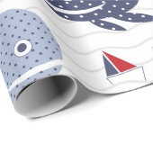 Schildblauwe walvissen en vaartuigen-nautisch patr cadeaupapier (Rol Hoek)