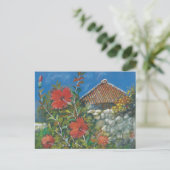 Schilder Briefkaart Hibiscus en Okinawan House (Staand voorkant)