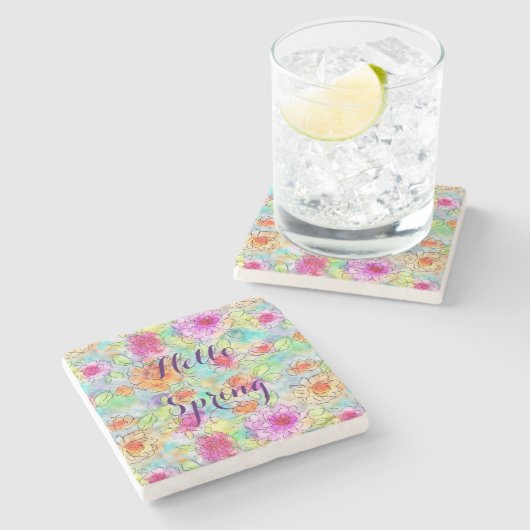 Schilder van mooie lentesbloemen waterverf stenen onderzetter (Zijkant)