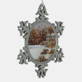 schilderachtig afbeelding van landelijke huisjes i tin sneeuwvlok ornament (Links)