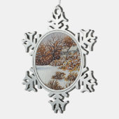 schilderachtig afbeelding van landelijke huisjes i tin sneeuwvlok ornament (Rechts)