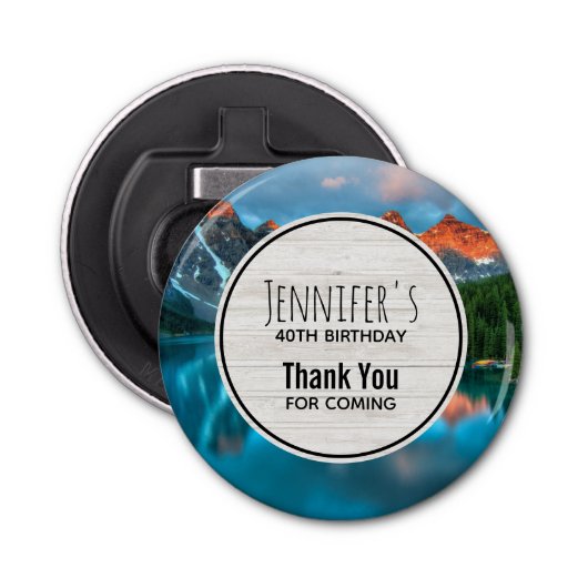 Schilderachtig berg- en lakfoto van Birthday Button Flesopener (Voorkant)