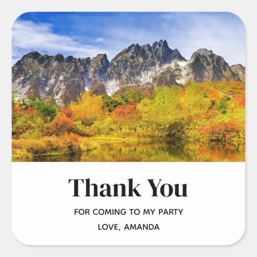 Schilderachtig bos en bergen feest dank u vierkante sticker (Voorkant)