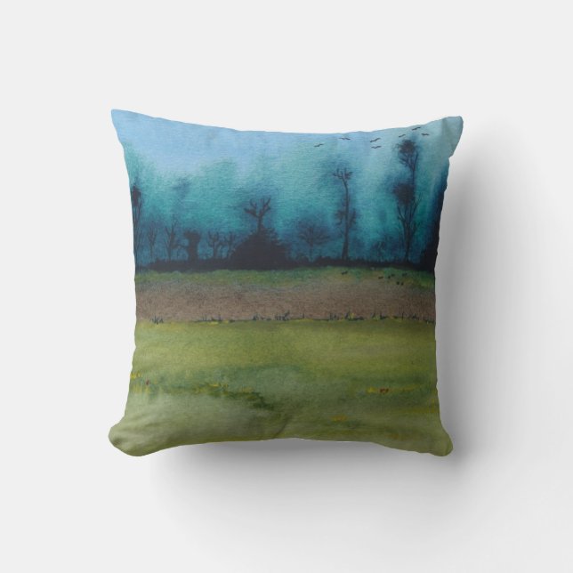 schilderachtig boslandschap met groen en zwart mys kussen (Voorkant)