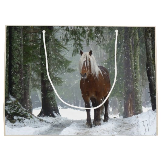Schilderachtig bruine paarden in een winterbos met groot cadeauzakje (Achterkant)