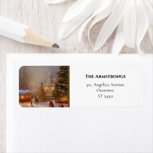 Schilderachtig dorp Kerstbomen Kerkgangers Etiket (Insitu)