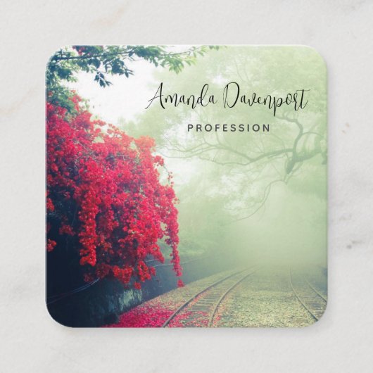 Schilderachtig foto van Misty Railroad Tracks Vierkante Visitekaartje (Voorkant)