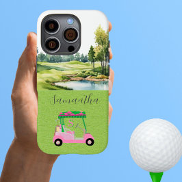 Schilderachtig golfbaan Roze golfkar iPhone 16 Pro Hoesje