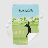 Schilderachtig Lady Golfer Swinging Greens Monogra Golfhanddoek (Insitu)
