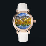 Schilderachtig landschap bos en bergen horloge<br><div class="desc">Een horloge met een prachtige landfoto. Bergen van steen met een herfstbos in heldere kleuren. Een rustig meer weerspiegelt de bergen,  bomen en grassen.</div>