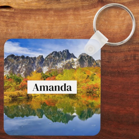 Schilderachtig landschap bos en bergen sleutelhanger (Achterkant)