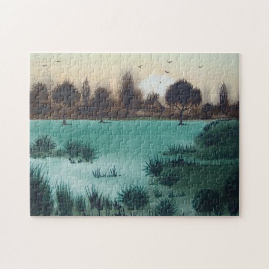 schilderachtig landschapszonsondergang boven bosgr legpuzzel (Horizontaal)