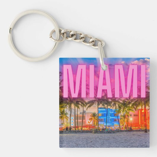 Schilderachtig Neon Miami Waterfront Sleutelhanger (Voorkant)