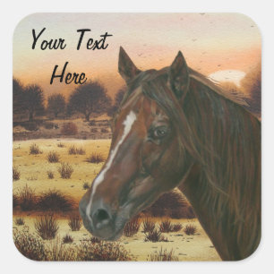 schilderachtig paardenportret kastanjebruin paard vierkante sticker