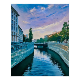 Schilderachtig River Through City bij zonsondergan Perfect Poster