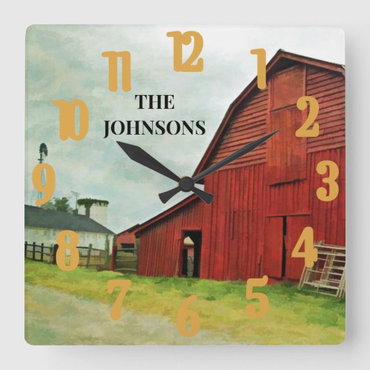 Schilderachtig Rustisch land Rode Barn  Vierkante Klok (Voorkant)