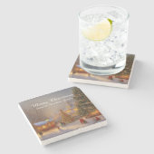 Schilderachtig Sneeuwige kerstbomen in het dorp Qu Stenen Onderzetter (Zijkant)