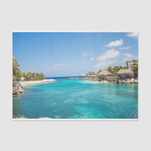 Schilderachtig Tropisch strand met Thatched Huts F Tissuepapier (Voorkant)