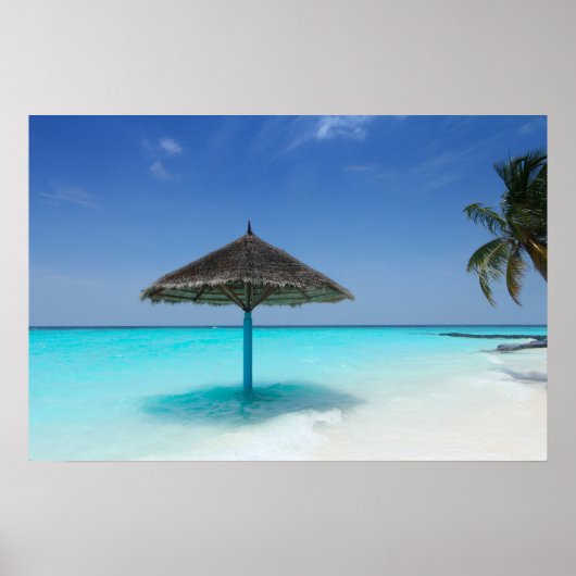 Schilderachtig Tropisch strand met Thatched Umbrel Poster (Voorkant)