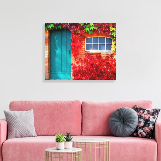 Schilderachtig Turquoise-deur met levendige herfst Canvas Afdruk (Insitu (Woonkamer))