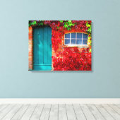 Schilderachtig Turquoise-deur met levendige herfst Canvas Afdruk (Insitu (Houten vloer))