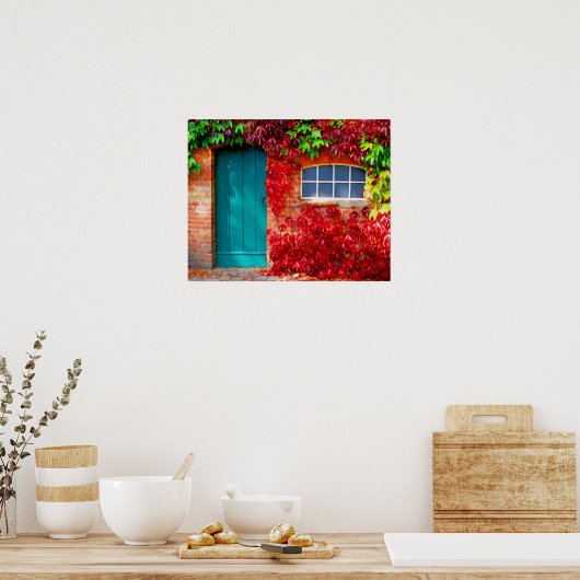 Schilderachtig Turquoise-deur met levendige herfst Poster (Keuken)