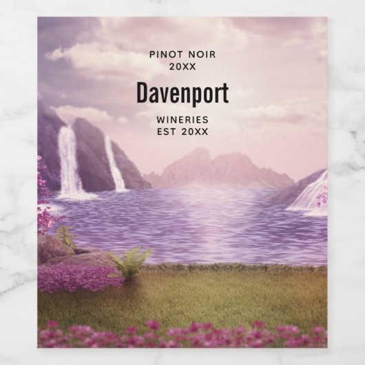 Schilderachtig watervallen door een meer-wijnberei wijn etiket (Enkel label)