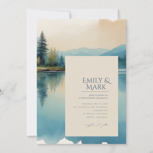 Schilderachtig Waterverf Pine tree Lake bruiloft u Kaart (Voorkant)