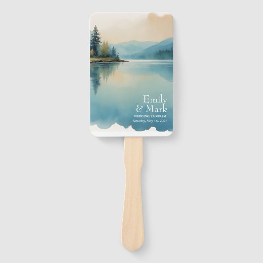 Schilderachtig Waterverf Pine Tree Lake Programma Handwaaier (Voorkant)