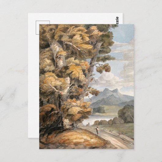 Schilderachtig weg, bomen, meer en bergen kunst; briefkaart (Voorkant / Achterkant)