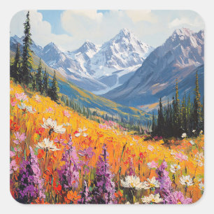 Schilderachtig wilde bloemen en bergen Fine Art Vierkante Sticker