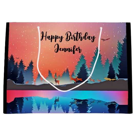 Schilderachtig wintermeer met Deer Birthday Groot Cadeauzakje (Voorkant)